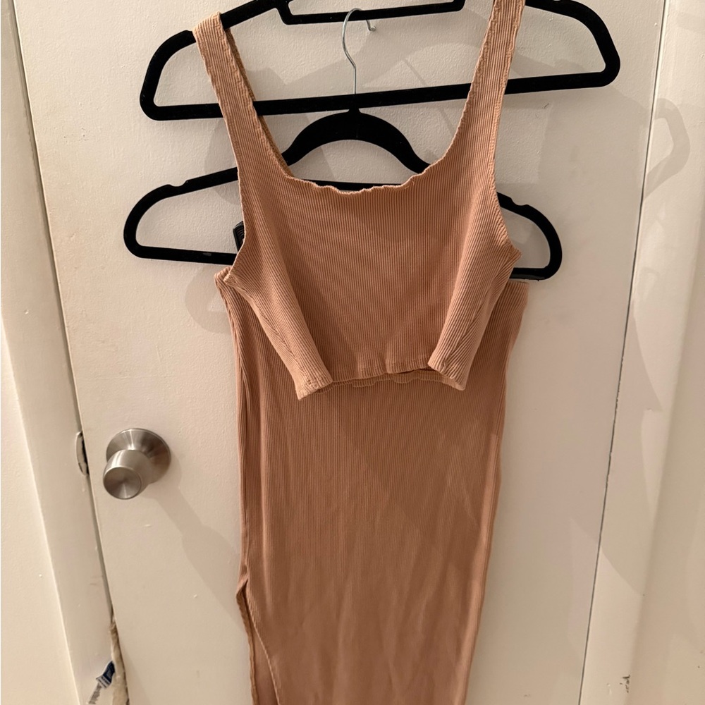 Lulus Set for Life Tan Ribbed Two Piece Crop Top Maxi Skirt Set XL